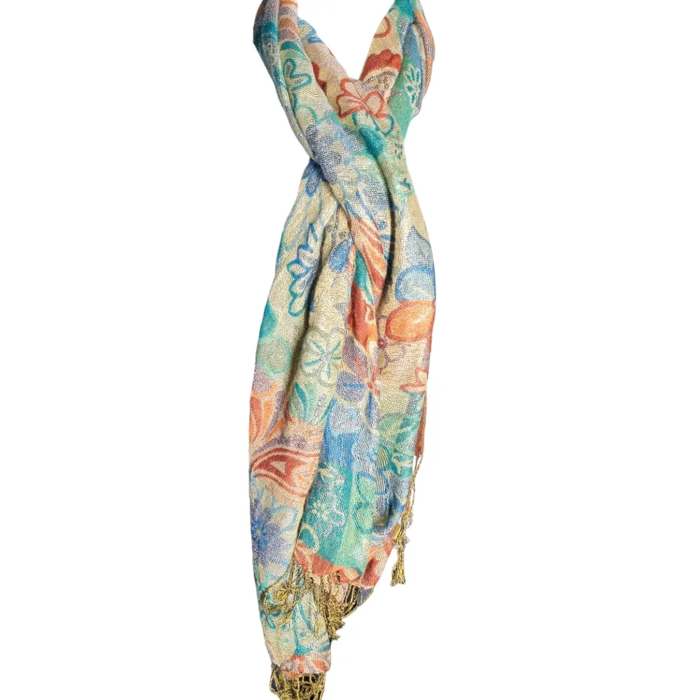 Colorful Floral Metallic Gold Scarf